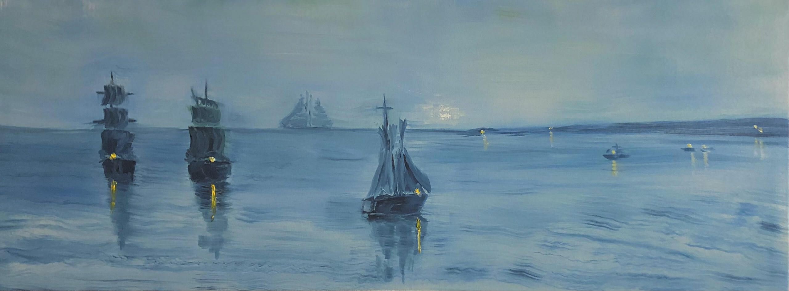 Andrej Mesojedec, Povratek ribičev (2023), olje na platnu, 128 × 50 cm
