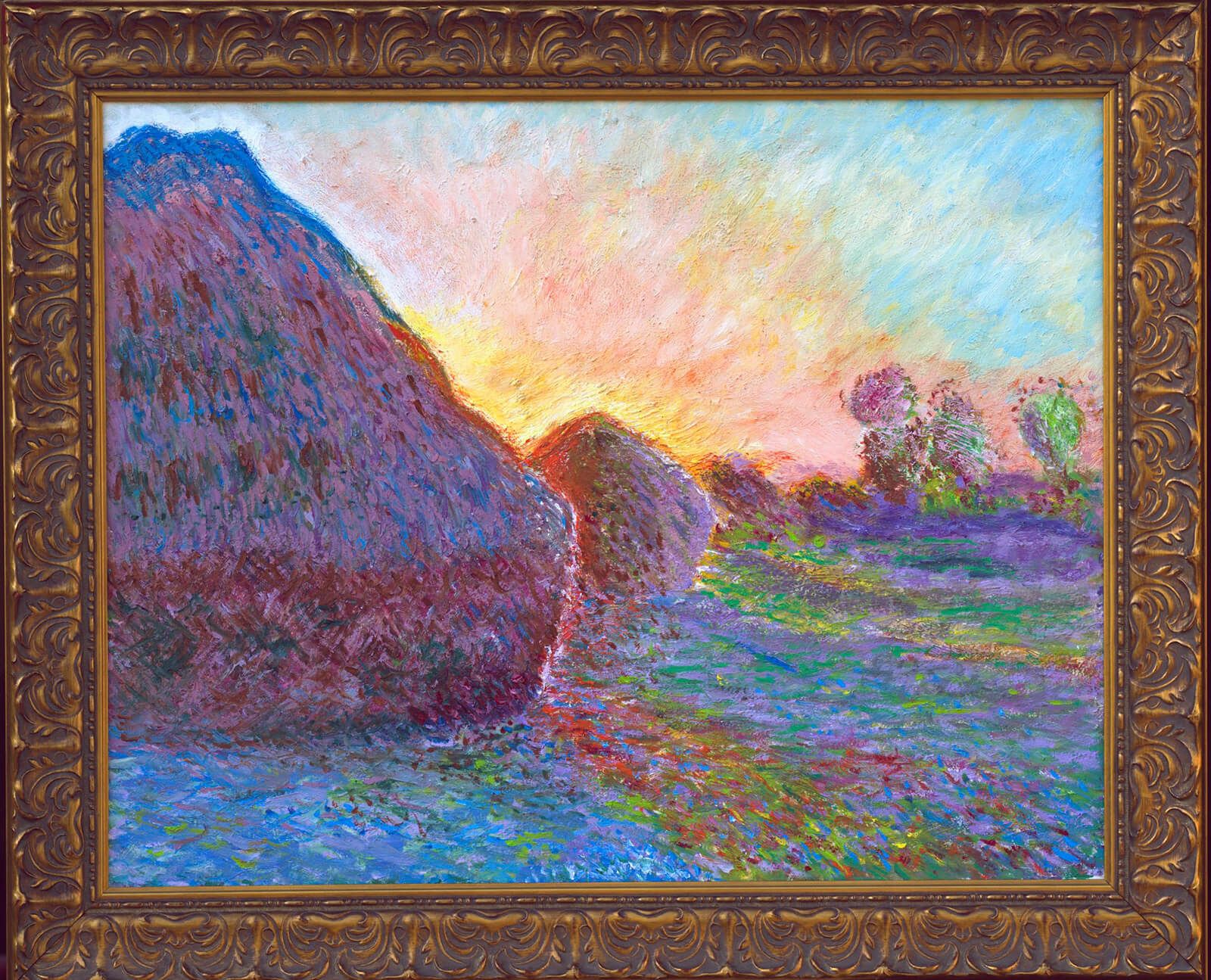 Ročno naslikana reprodukcija: Claude Monet, Kopice žita (1890), olje na platnu, 73 × 92,5 cm — reprodukcija Andreja Mesojedca