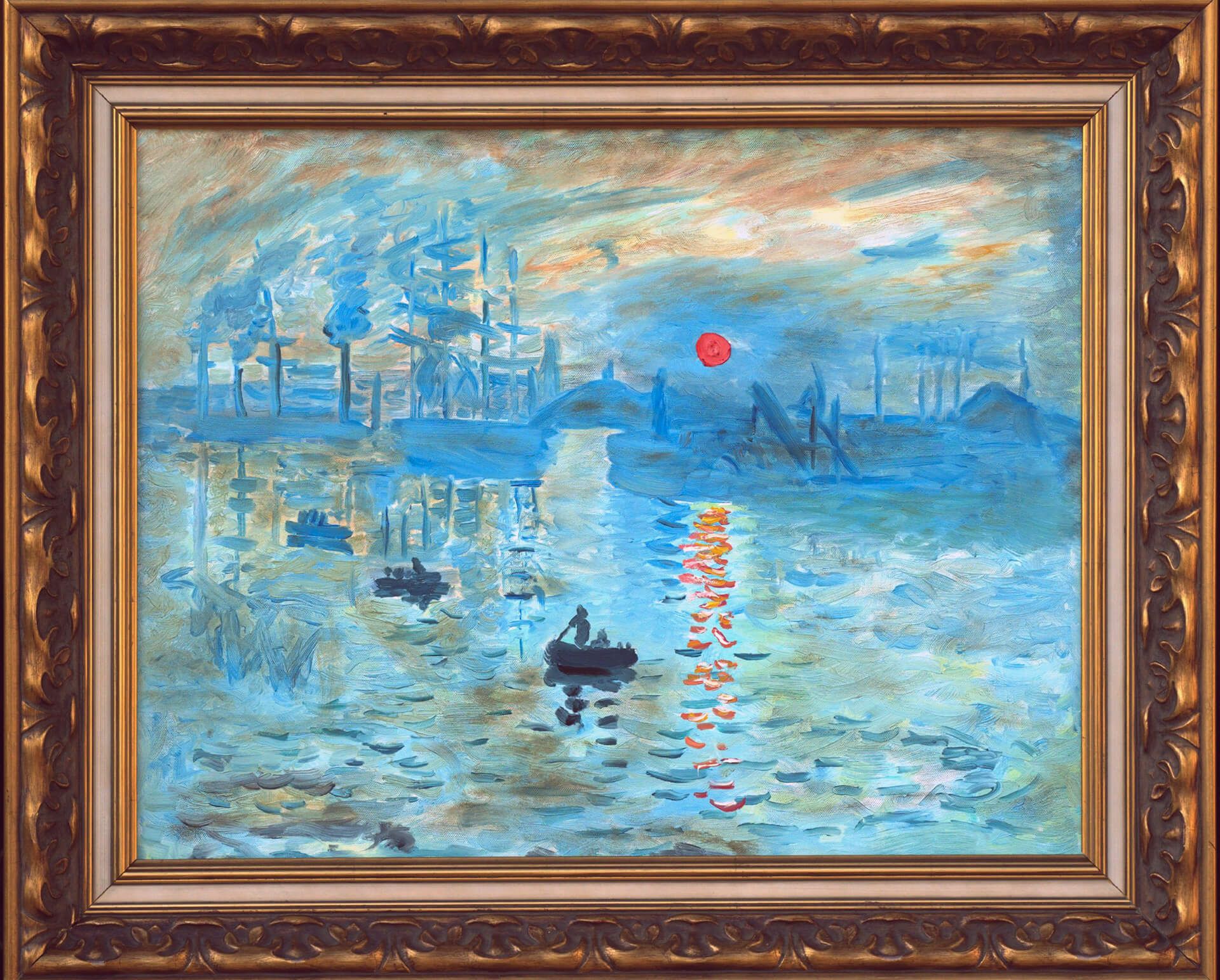 Ročno naslikana reprodukcija: Claude Monet, Impresija, sončni vzhod (1872), olje na platnu, 48 × 63 cm — reprodukcija Andreja Mesojedca