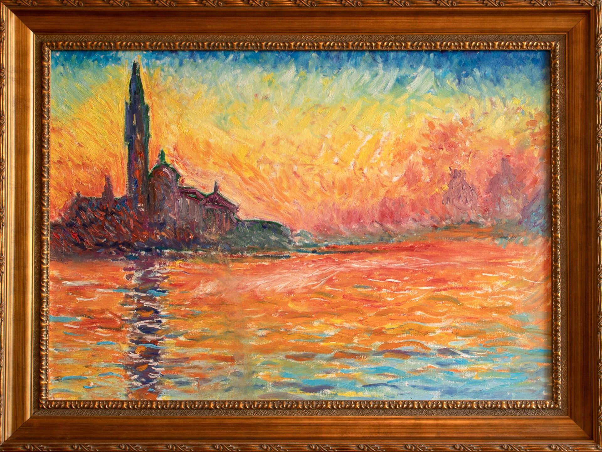 Ročno naslikana reprodukcija: Claude Monet, San Giorgio Maggiore v mraku (1908), olje na platnu, 65 × 92 cm — reprodukcija Andreja Mesojedca