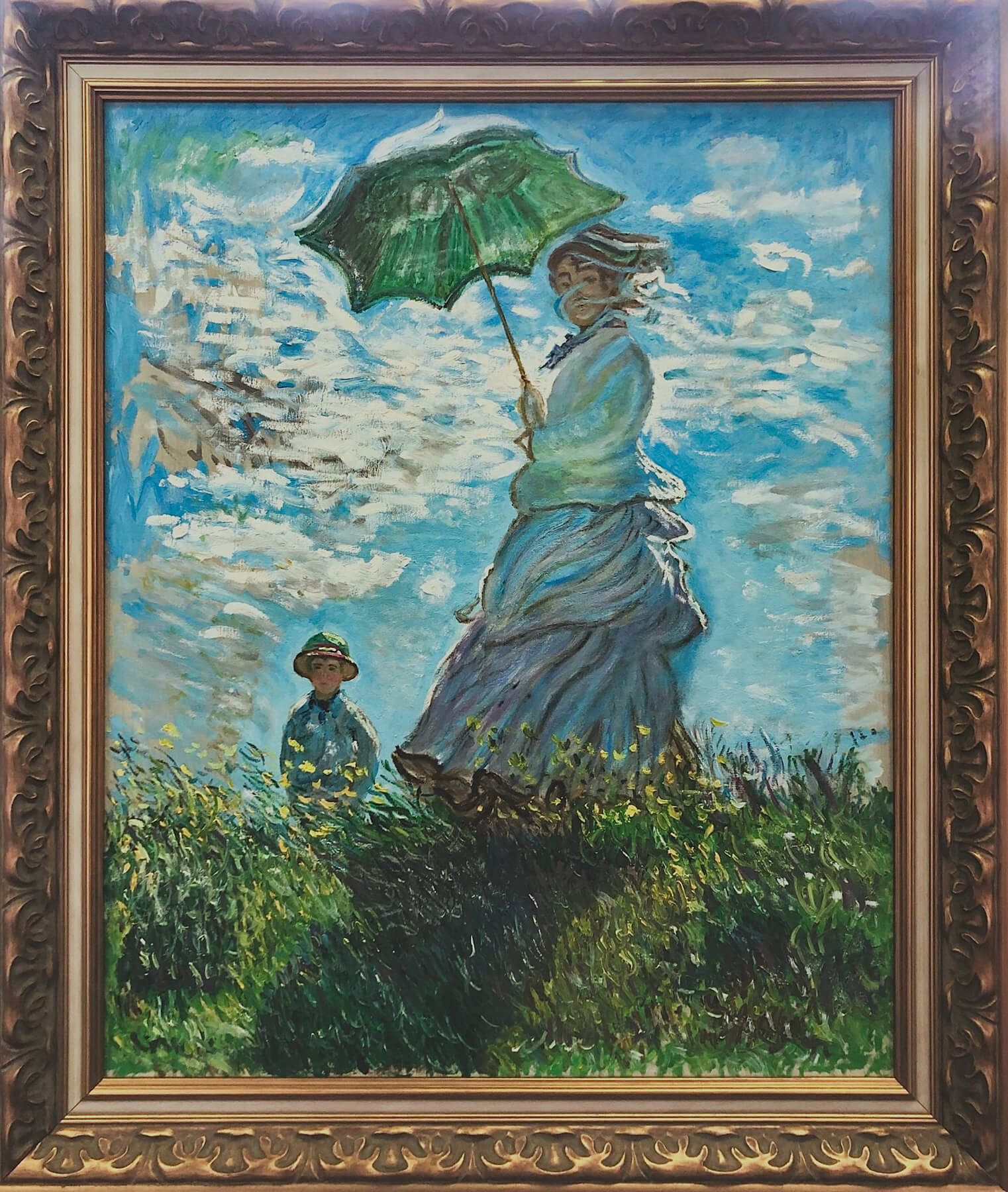 Ročno naslikana reprodukcija: Claude Monet, Žena z dežnikom (1875), olje na platnu, 100 × 82 cm — reprodukcija Andreja Mesojedca