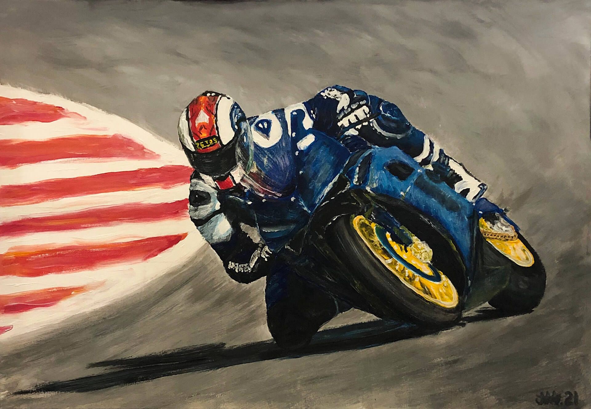 Andrej Mesojedec, Motorist Blaž O. (2021), akril na platnu, 70 × 100 cm