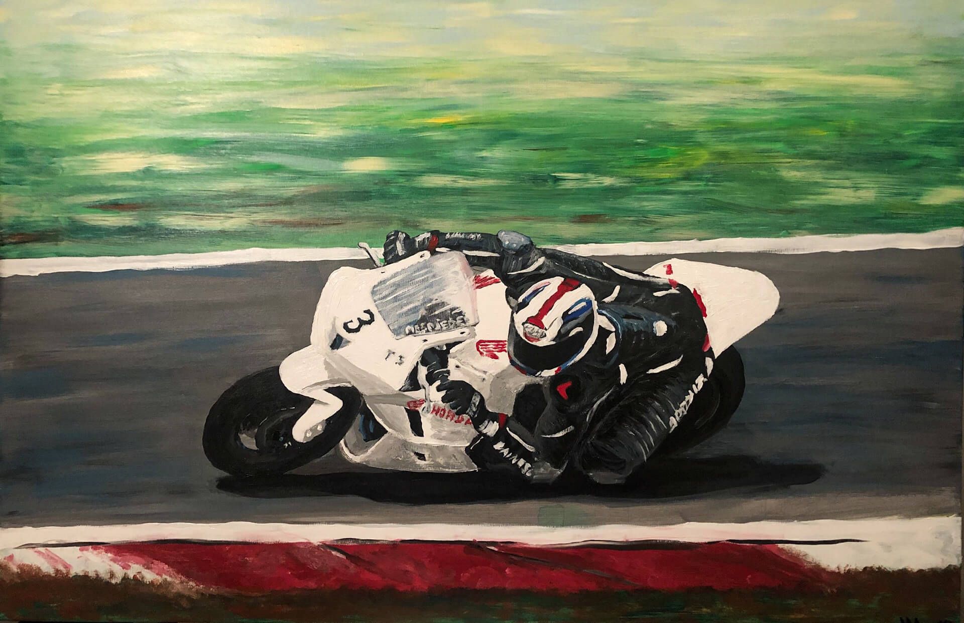 Andrej Mesojedec, Motorist Leonard M. (2018), akril na platnu, 80 × 120 cm
