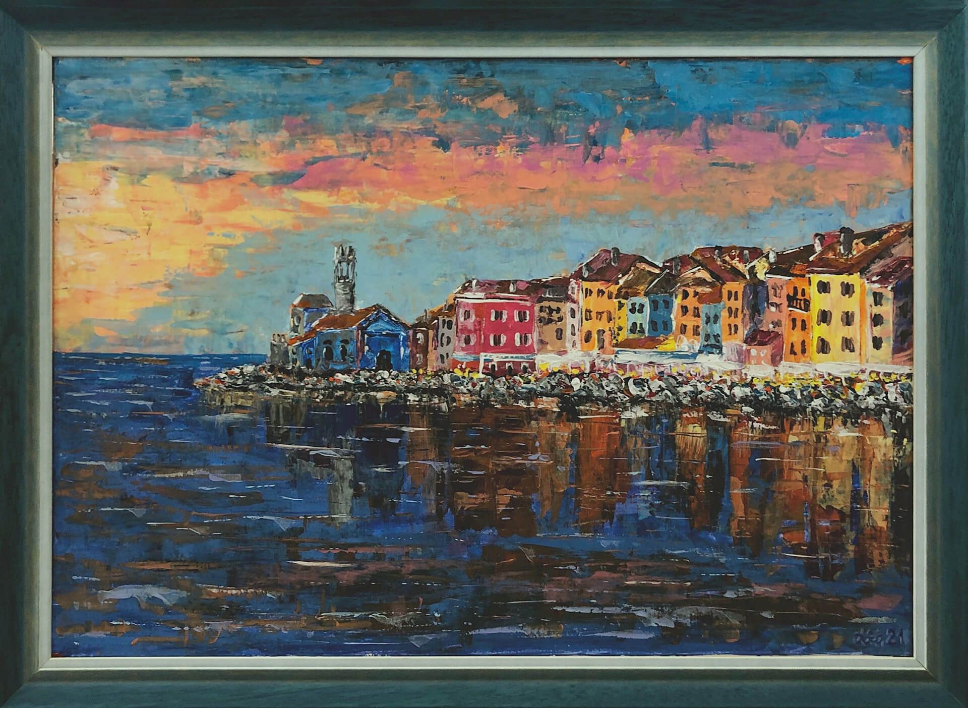 Andrej Mesojedec, Piran s pomola (2020), akril na platnu, 70 × 90 cm