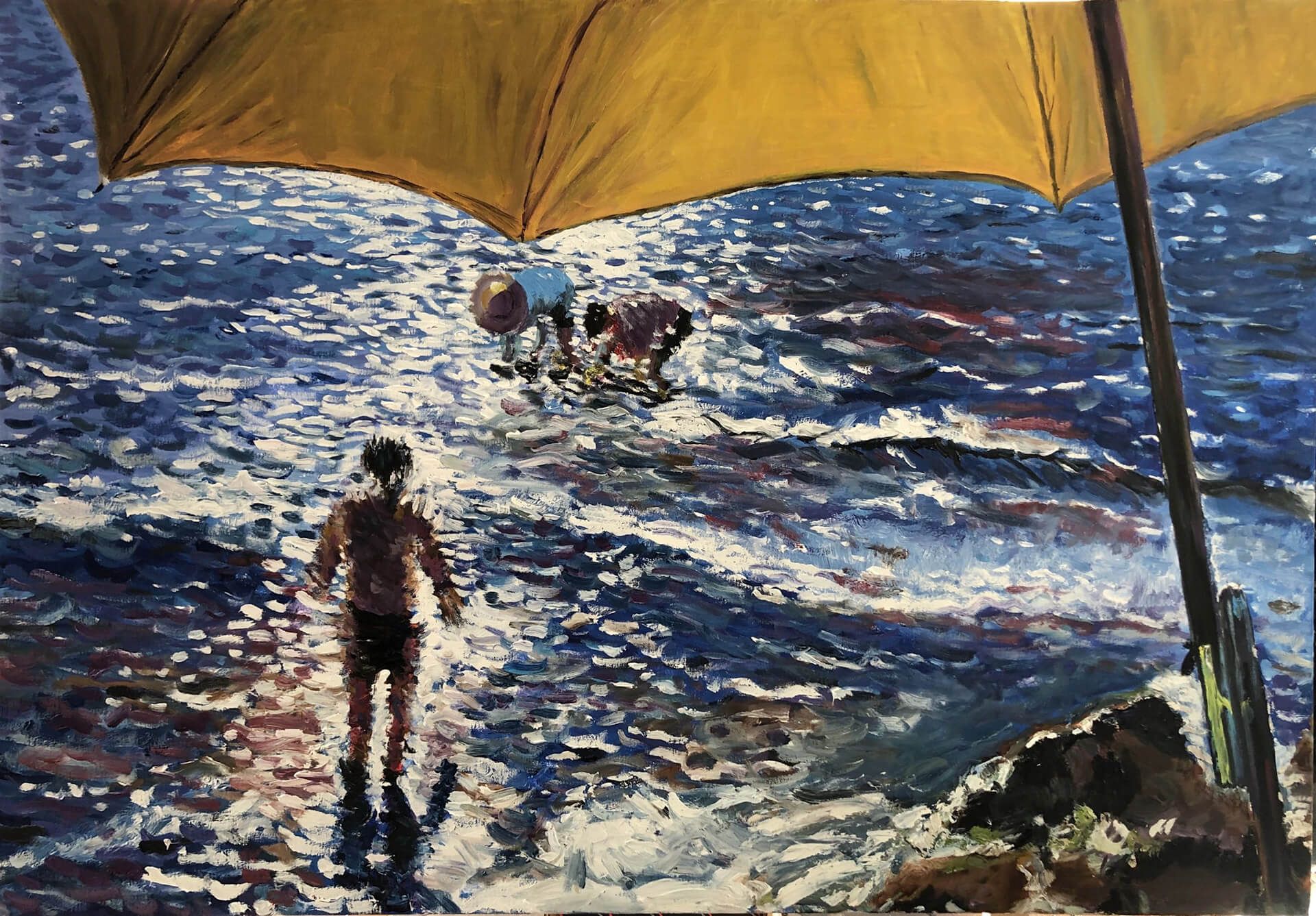 Ročno naslikana reprodukcija: Joaquín Sorolla y Bastida, Poldne na plaži v Valenciji (1904), olje na platnu, 64 × 97 cm — reprodukcija Andreja Mesojedca