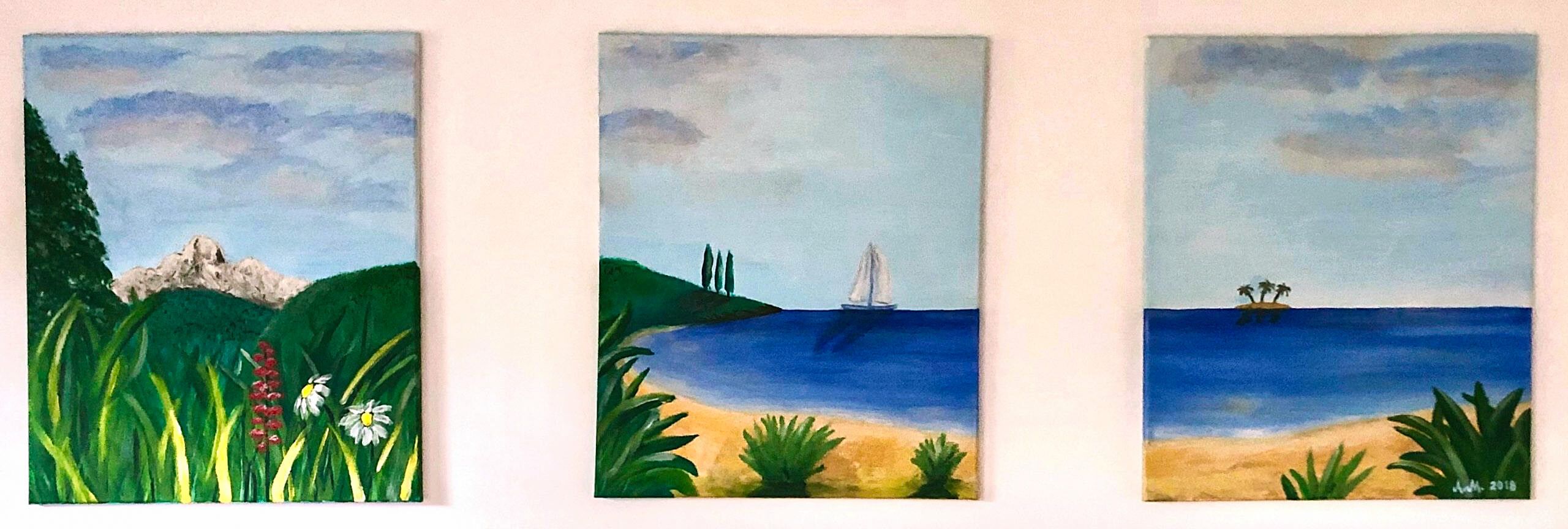 Andrej Mesojedec, Triptih (2018), akril na platnu, 60 × (50 + 50 + 50) cm