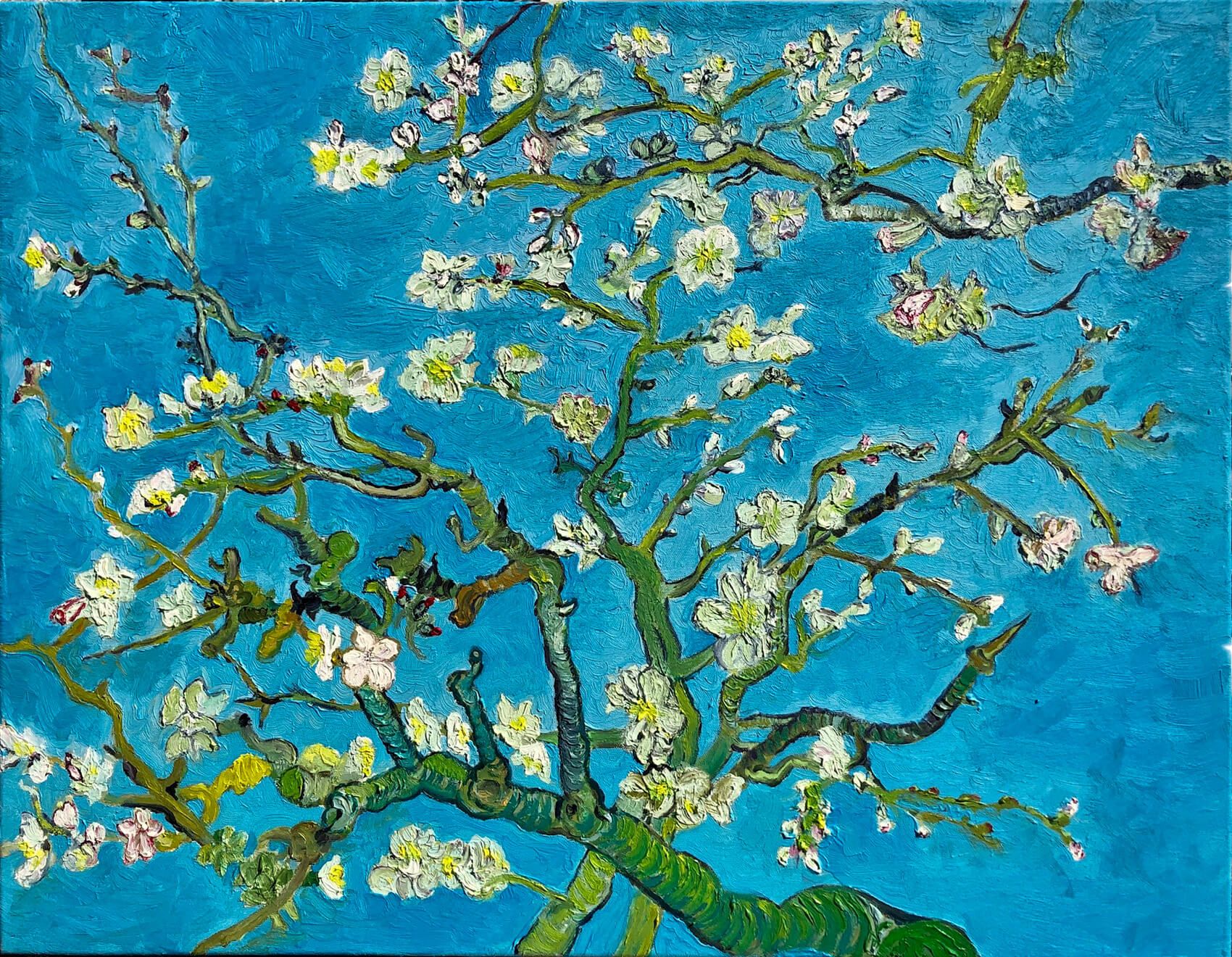 Ročno naslikana reprodukcija: Vincent van Gogh, Mandljevi cvetovi (1890), olje na platnu, 73,5 × 92 cm — reprodukcija Andreja Mesojedca