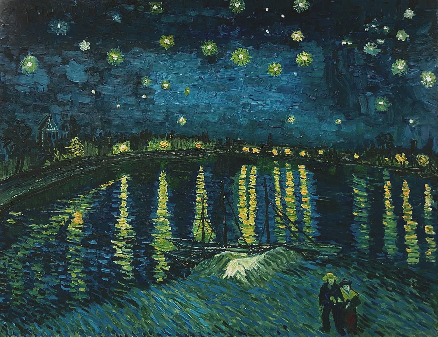 Ročno naslikana reprodukcija: Vincent van Gogh, Zvezdna noč nad Rono (1888), olje na platnu, 72 × 92 cm — reprodukcija Andreja Mesojedca