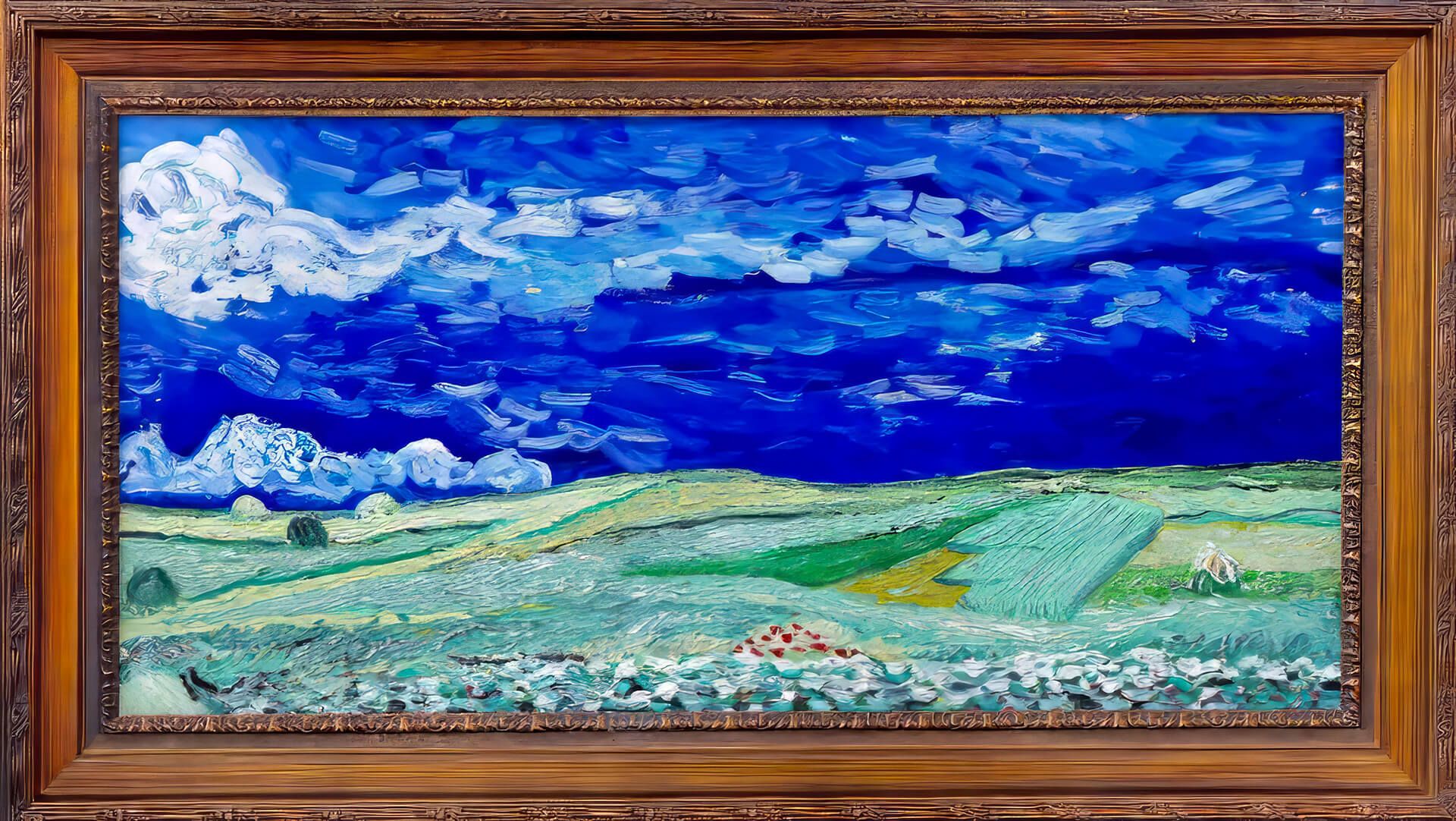 Ročno naslikana reprodukcija: Vincent van Gogh, Polje pod nevihtnimi oblaki (1890), olje na platnu, 50,4 × 101,3 cm — reprodukcija Andreja Mesojedca