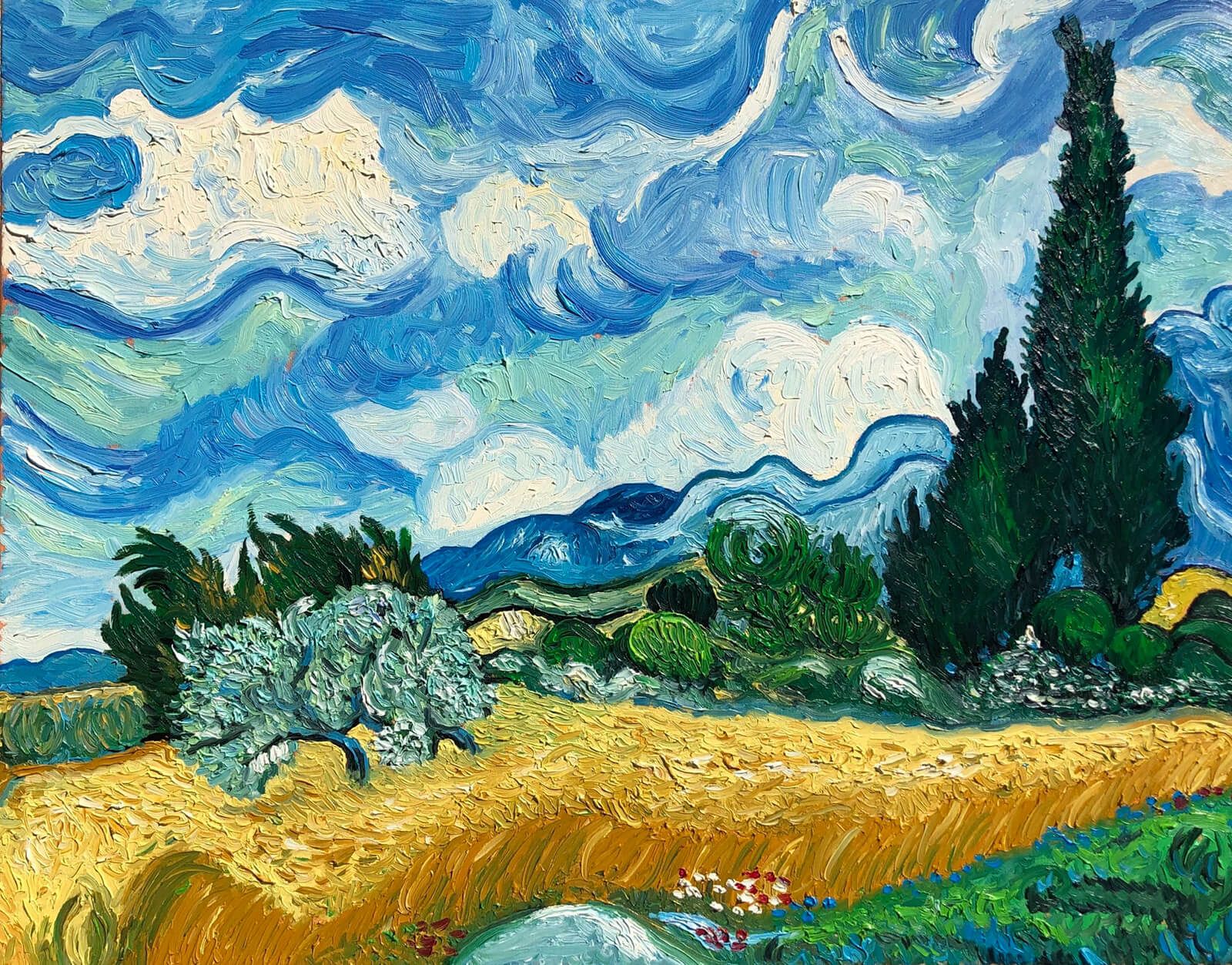 Ročno naslikana reprodukcija: Vincent van Gogh, Pšenično polje s cipresami (1889), olje na platnu, 47,1 × 62,3 cm — reprodukcija Andreja Mesojedca