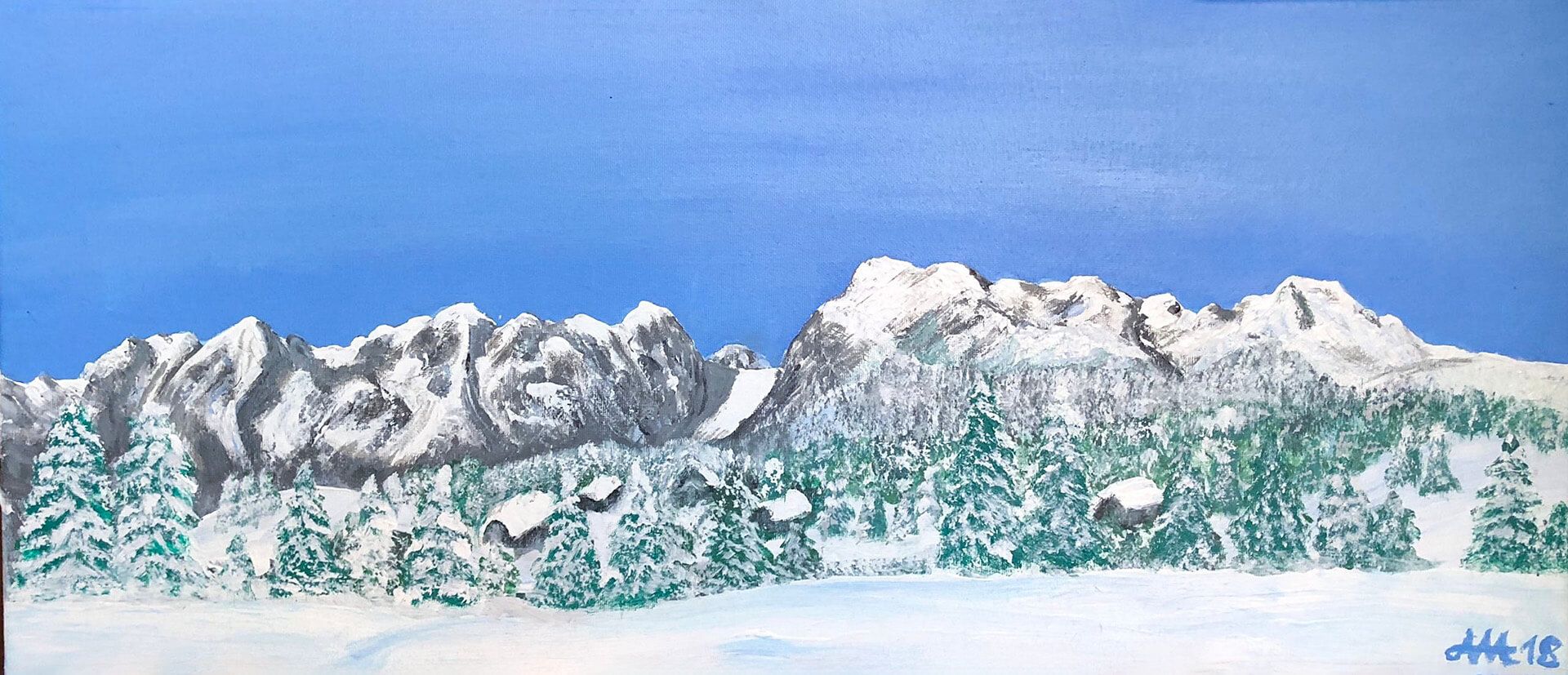 Andrej Mesojedec, Velika Planina (2018), akril na platnu, 50 × 100 cm