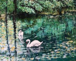 Oil, canvas; (70 x 100 cm); By photo; Labodji par na ribniku Olje