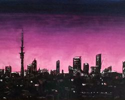 Acrilic on canvas; By photo from Mission Bay, magenta sky is reflection of Aurora Australis