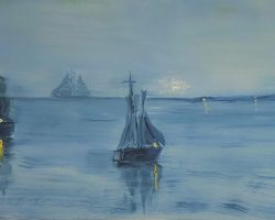 Oil on canvas; (128 x 50); A motif based on the idea of fisherman return in 19th century